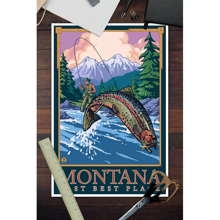 Montana, Last Best Place, Angler Fly Fishing Scene (Leaping Trout) (12x18 Wall  Art Poster, Room Decor) 