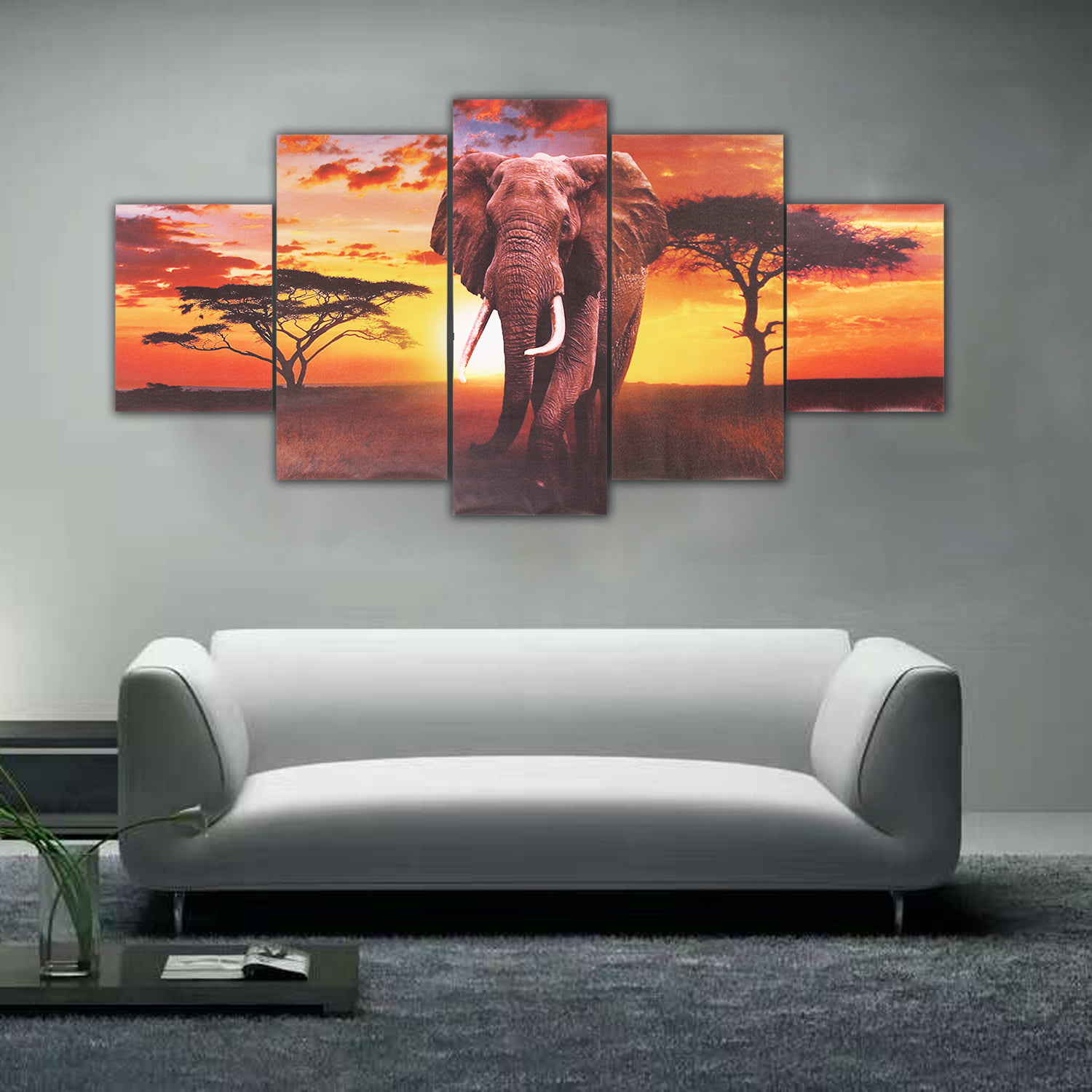 5 Panel Sunset Elephant Canvas Painting Print Picture Modern Home Decor Unframed 