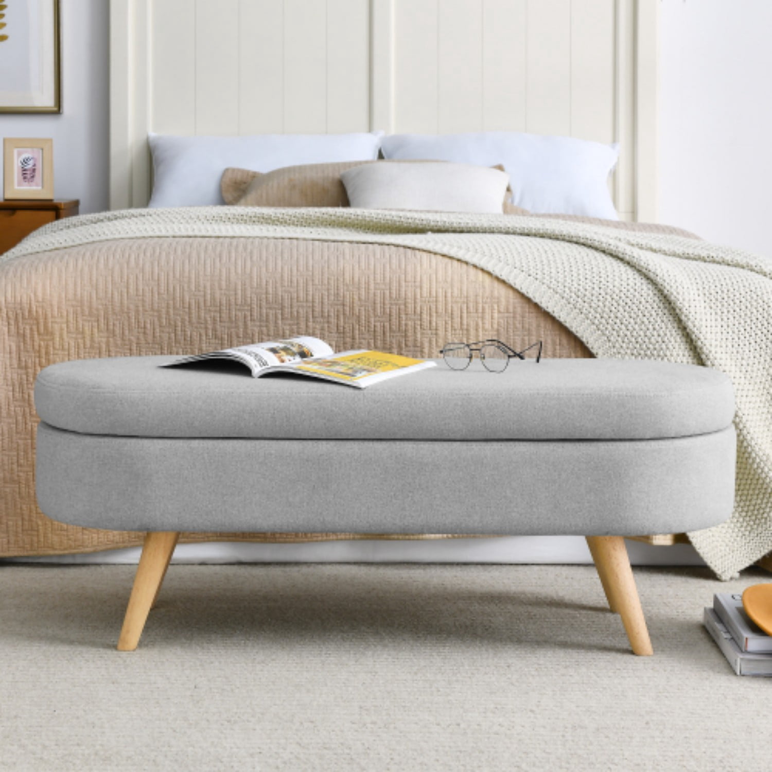 44" Oval Storage Ottoman Bench with Hidden Storage, Upholstered Fabric Ottoman Bench with Rubber Wood Legs for Bedroom, Entryway, Living Room, Grey