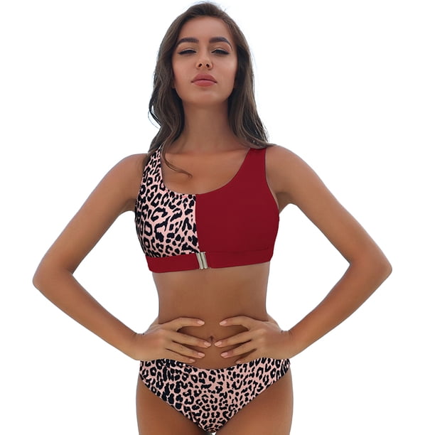 Traje de baño de dos piezas con estampado de leopardo y cintura alta para mujer