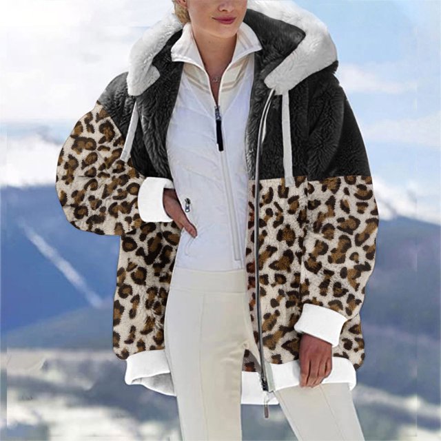 Puntoco, chaqueta informal de manga larga con capucha y cremallera de felpa con estampado de leopardo para mujer, chaqueta de retazos de Color sólido, prendas de vestir, abrigo, liquidación Puntoco Puntoco-2560