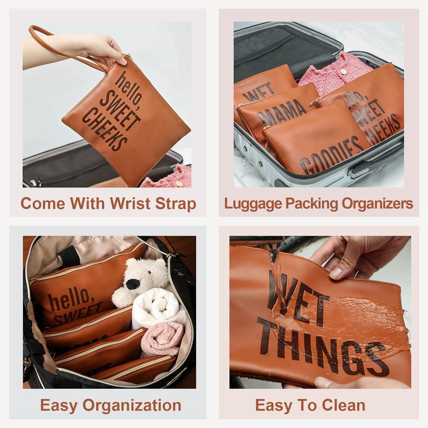 Baby Diaper Bag Organizer, Water Resistant Wet Bags Set of 4 Leather Diaper Clutch,Diaper Bag Organizing Pouches Packing Cubes, Cloth Diaper Wet Dry Bags for Daily Use Travel Vacations