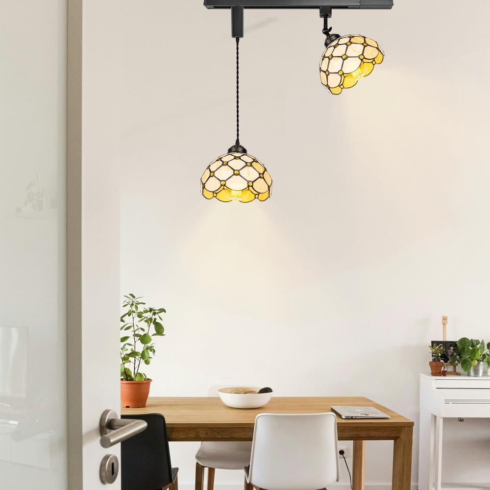 KAYYELAMP 1x Plug in Cable Track Rail, 1X Adjustable Cord, 1x Adjustable Angle Handmade Glass and Beads Shade Tiffany H-Type Track Lighting Fixture for Kitchen Loft(No Bulb)