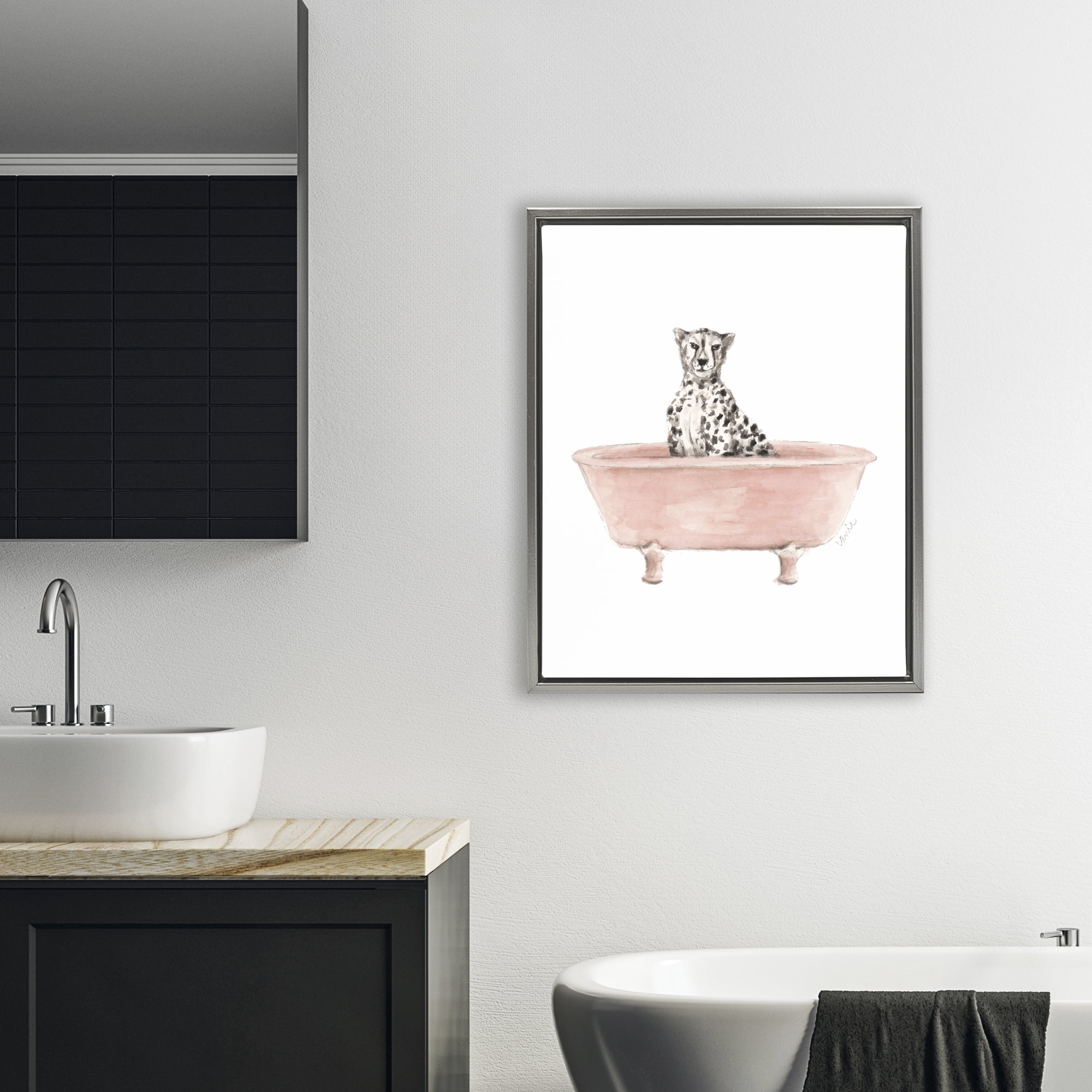 Stupell Industries Cheetah in Pink Tub Gray Framed Floater Canvas Wall Art, design by Lanie Loreth