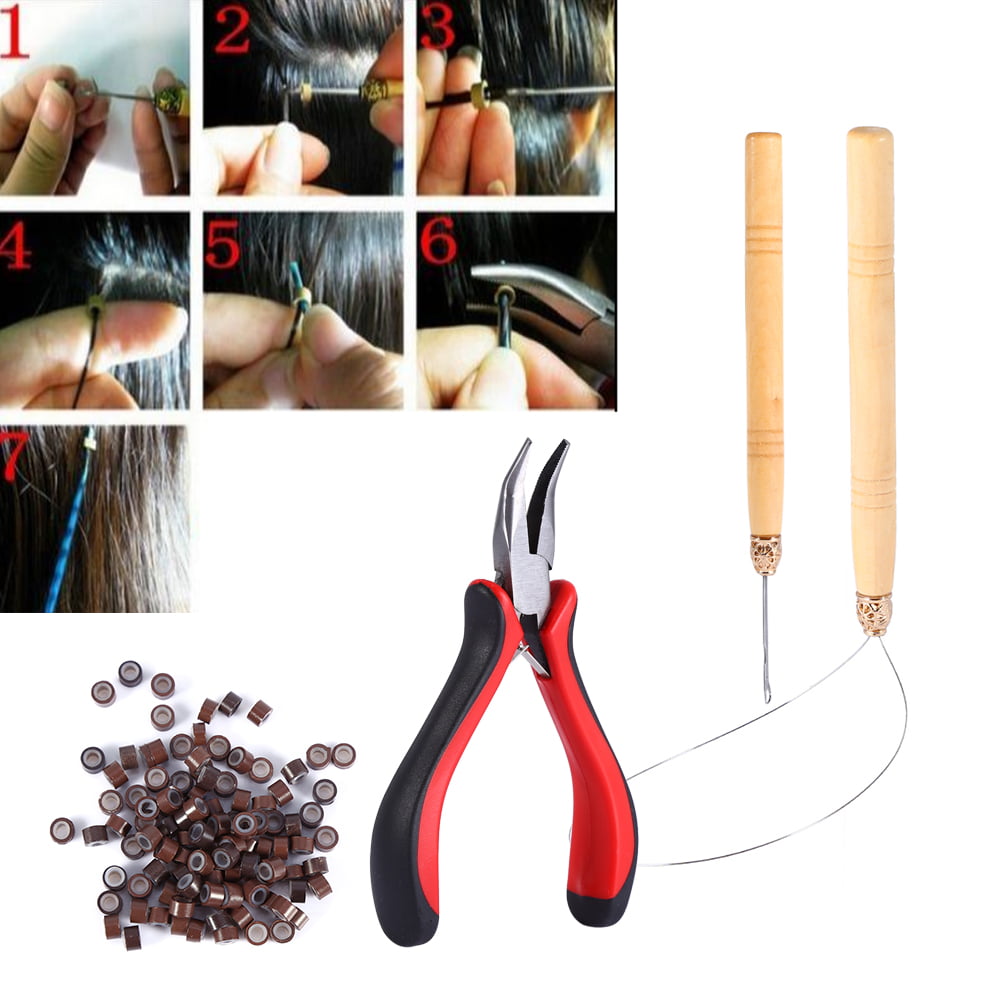 WALFRONT 100PCS Silicone Beads Hair Extension Micro Rings + Hook Needle +  Pulling Loop + Plier Tool Kit ,Hair Extension Rings, Plier