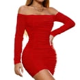 thumbnail image 3 of TaTaai Ladies Off Shoulder Long Sleeve Pleated Bodycon Dress Solid Color Elegant Slim Fit Stretch Fabric Comfortable Dress for Spring Summer Party Vacation and Daily Wear Gift, 3 of 5