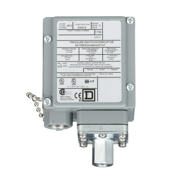 Square D 9012GA Single-Stage Diaphragm-Actuated Pressure Switch, 3-150 psi Press. Range, NEMA 4, 4X, and 13 Enc., 1/4"-18 NPTF Press. Connection, SPDT Contacts