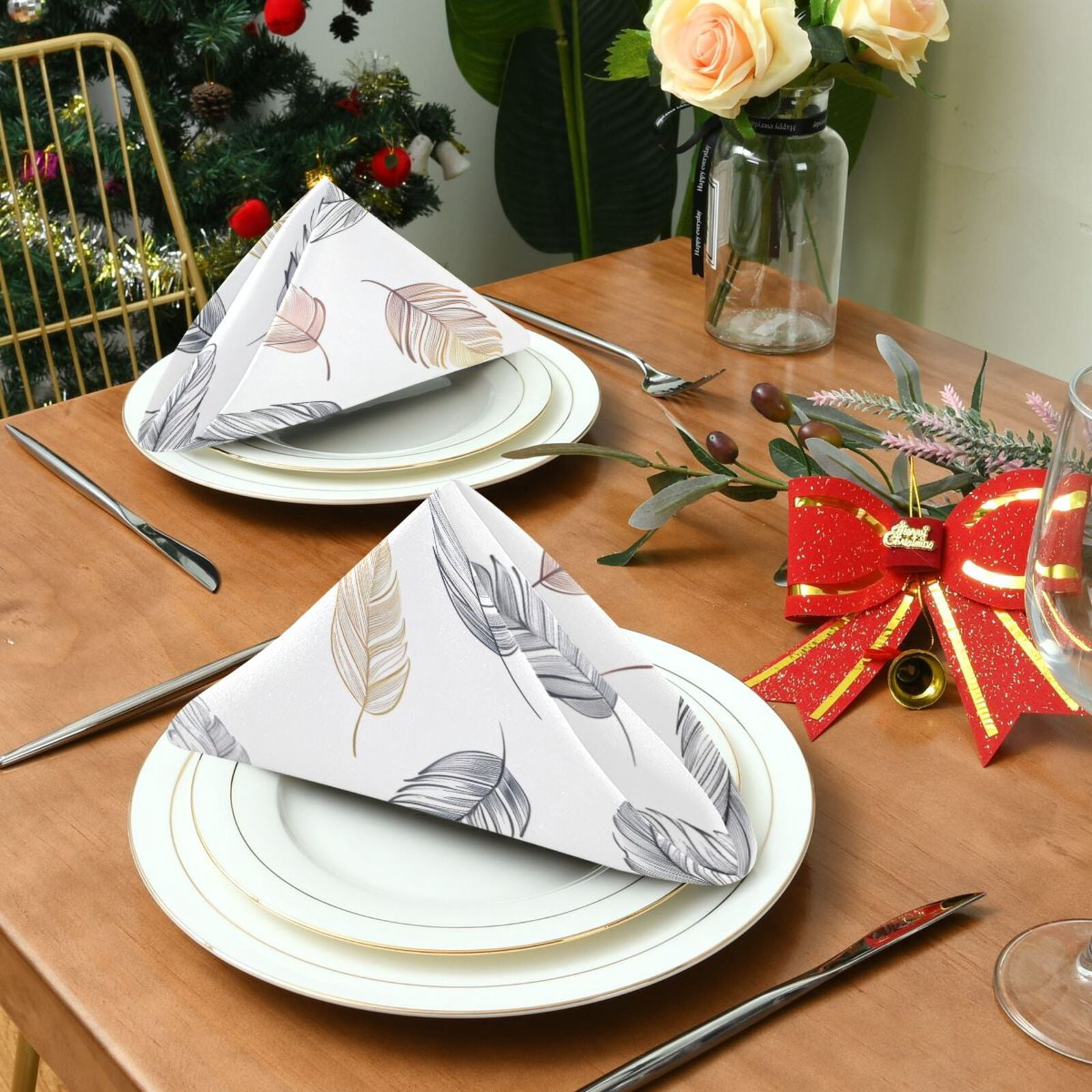 JSTEL Colorful Feathers Cloth Napkins Set of 6, 20x20 Inch Washable and Reusable Napkin for Decoupage Dinner Party Everyday Use