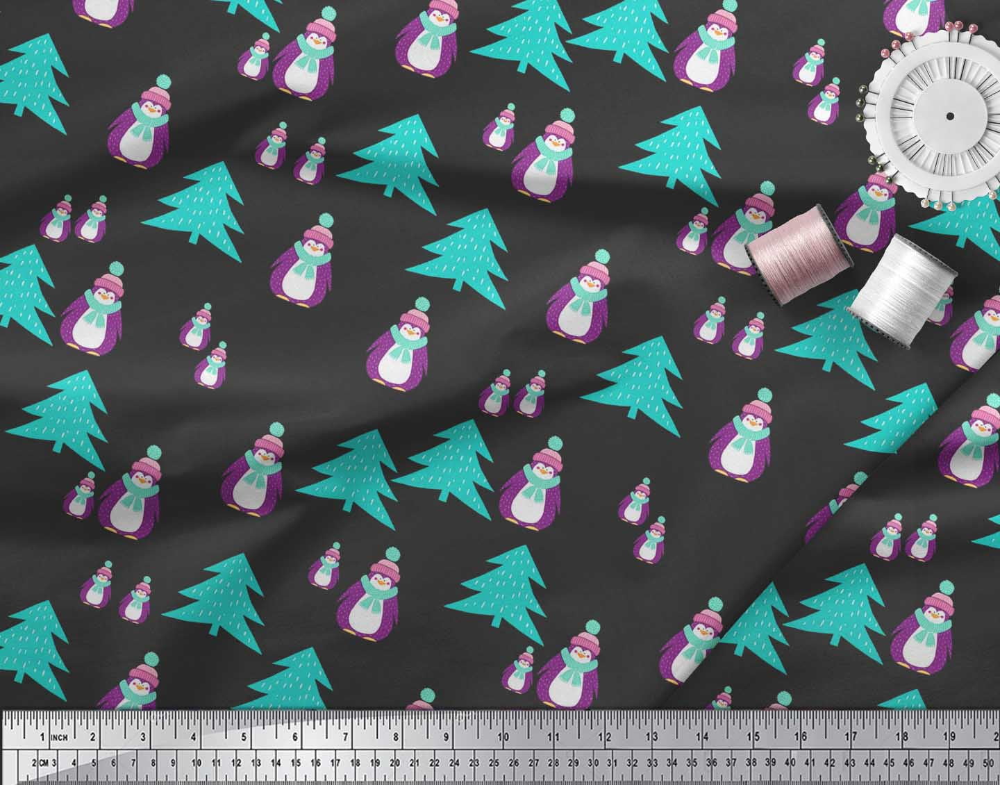 Soimoi Black Heavy Satin Fabric Snowman & Tree Christmas Print Sewing Fabric Yard 54 Inch Wide