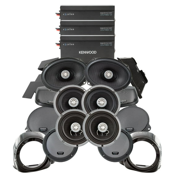 Kenwood 3 2-Channel Amplifiers with 2 Pair of 6 1/2" Speakers and 1 Pair of 6x9" Speakers with Cut-In Lid Kit and Lower Pod Plug and Play for 2014  Street Glide Liquid Cooled Motorcycles