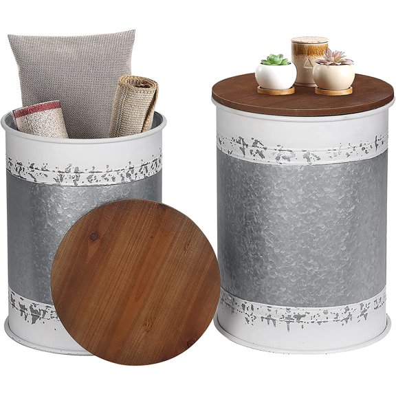 Farmhouse Accent Side Table, Rustic Storage Ottoman Seat Stool, Galvanized Antique Metal End Table Box Bin with Round Wood Lid, Coffee or Cocktail Table, Nesting Pieces Two (White Distressed)