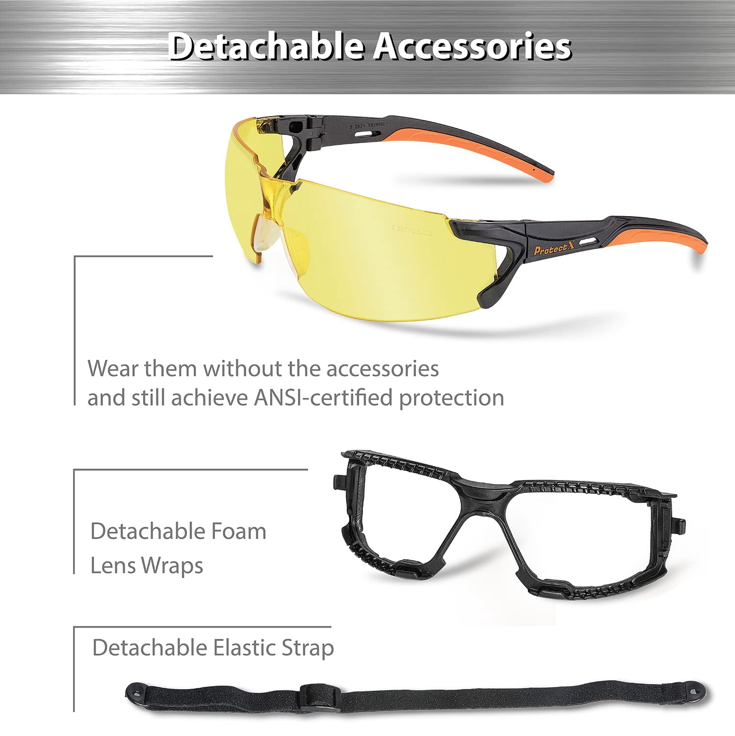 ProtectX Safety Glasses Foam Lens Wrap w Strap, Scratch Resistant Anti Fog Polycarbonate Lenses ANSI Z87.1 with UV Protection