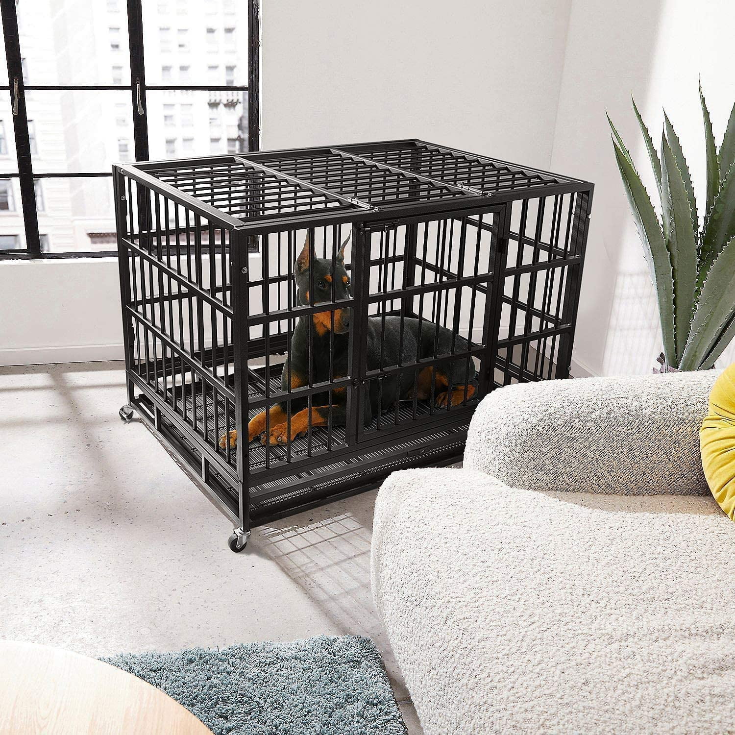 Waleaf 38 Inch Heavy Duty Dog Crate Cage with Wheels for Indoor, Large Dog Kennel with Removable Tray