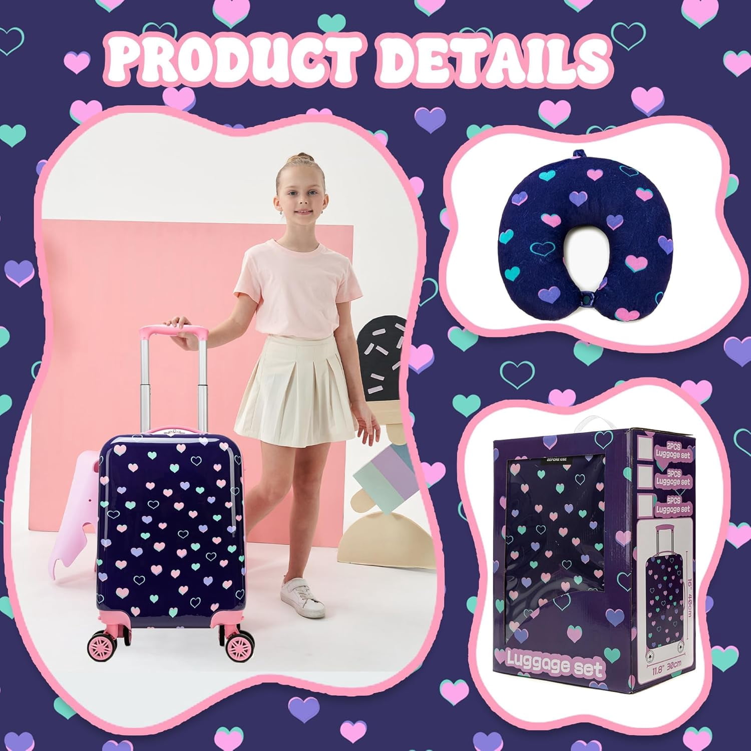Kids Luggage Sets 5 Piece Suitcases with Wheels for Girls Women Hardshell Suitcase Set with Travel Pillow for Airplane Travel Essential