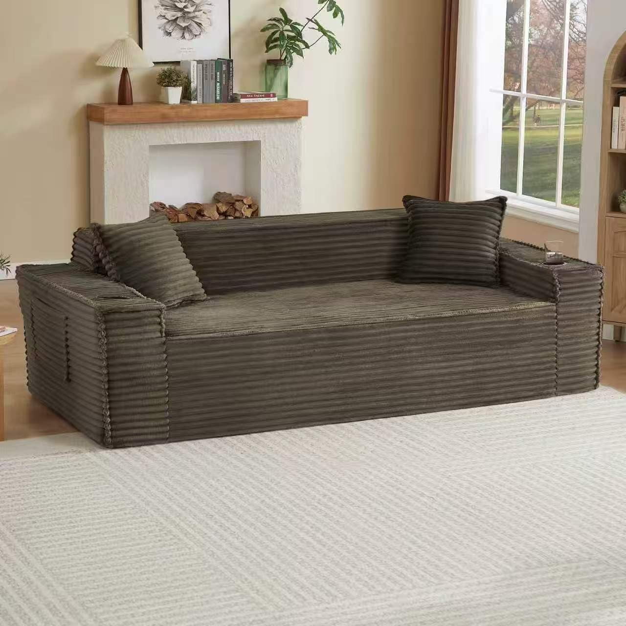 80.7" Boneless Sofa Couches with Cup Holder,3 Seat Couch with Side Pocket, Cloud Couch for Compact Living Rooms, Apartments，Brown