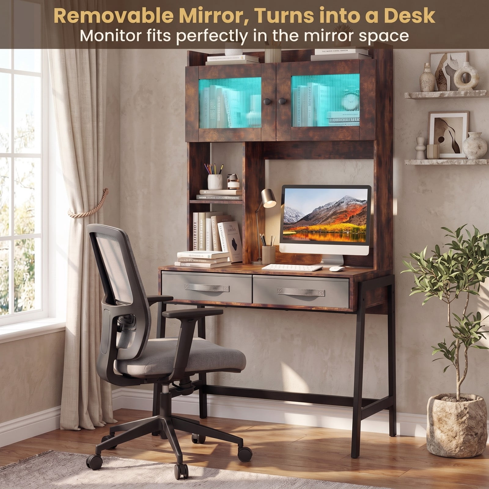 Furnibear Vanity Desk with 360 Degree Rotatable Lighted Mirror and Lighted Cabinet and Charging Storage Shelves, Rustic Brown