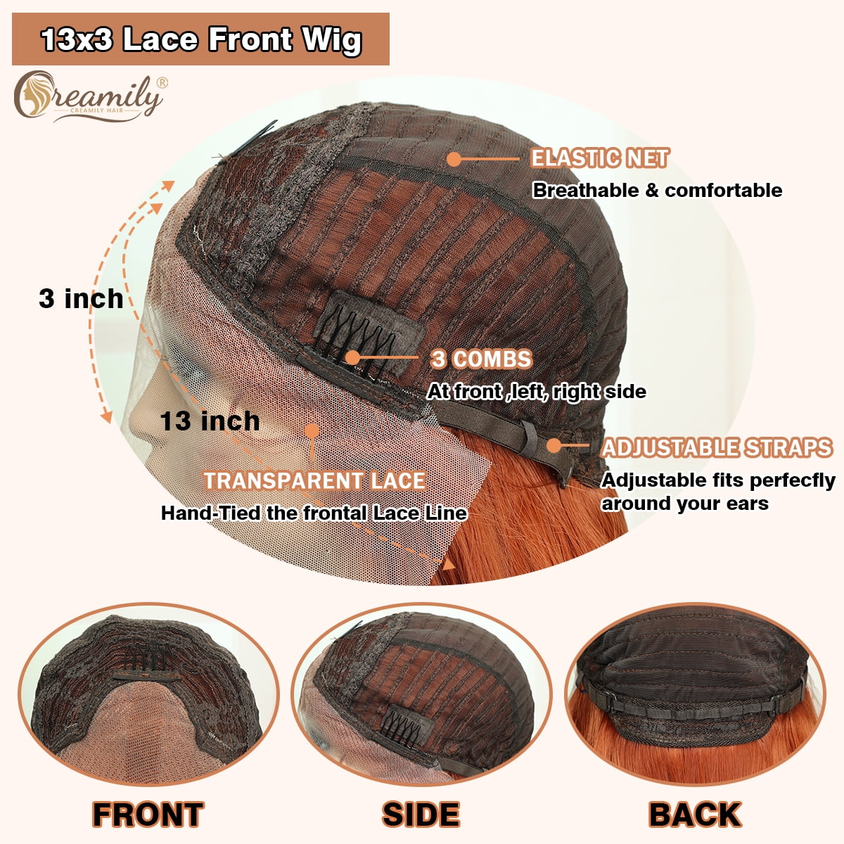Creamily 26 Inch Lace Front Wigs Free Part Long Wavy Synthetic Glueless Half Hand Tied Lace Wigs For Women（Orange Color ）