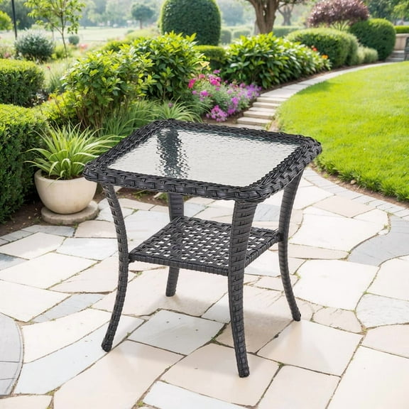 PARKWELL Outdoor Patio Side Table with Glass Top, Wicker Coffee End Table for Indoor and Outdoor,Black