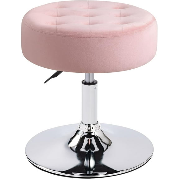WLGSG Mid-Century Velvet Tufted Makeup Ottoman Stool, 360°Swivel Adjustable Vanity Stool Modern Big Size Vanity Chair Stools for Living Room Bedroom Bathroom, Pink