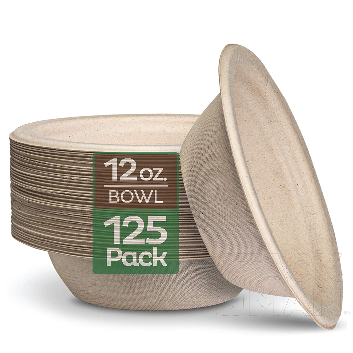 Paper Bowls Heavy-Duty Quality Natural Disposable Bagasse Eco-Friendly Biodegradable Made of Sugar Cane Fibers 125-Pack 100% Compostable 12 oz