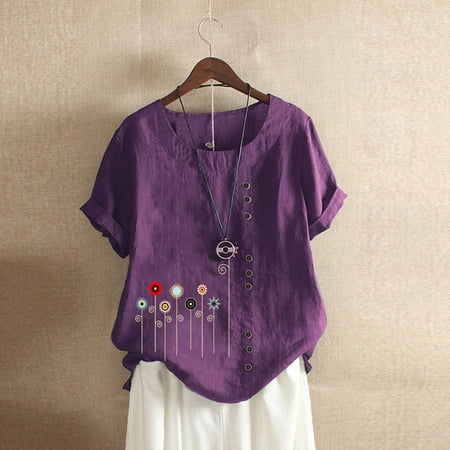 SKSloeg Cotton Linen Tops for Women Plus Dandelion Graphic Print T-Shirts Crewneck Short Sleeve Tunic Tees Dressy Casual Summer Basic Tunic Tee Shirts Tops Blouse Purple 4XL
