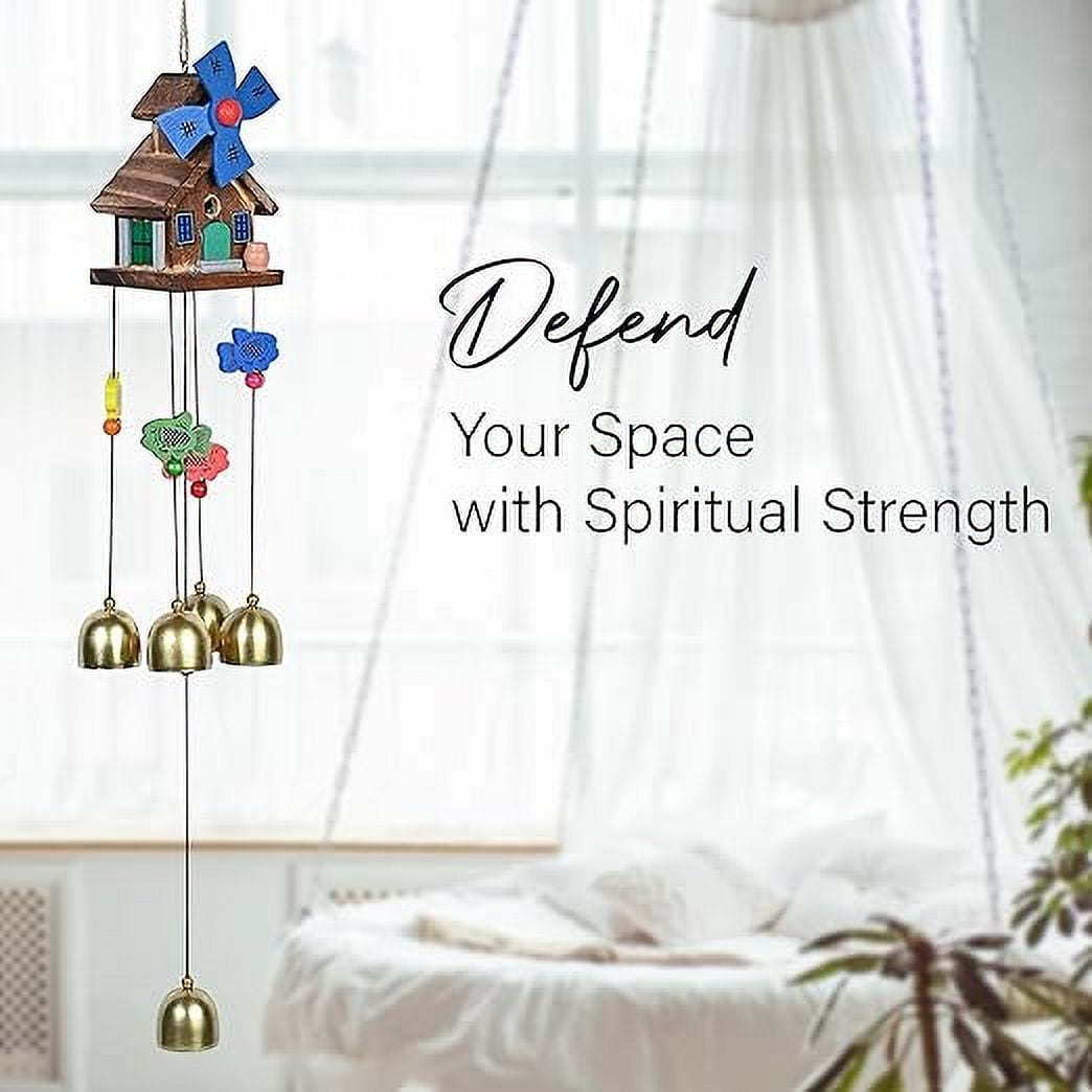 Wooden House Wind Chimes for Home Décor | 5 Brass Bells Wind Chimes for Positive Energy | Outdoor Window Balcony Garden Decoration Hanging Decorative Items