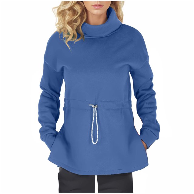 cfhntfmh Winter Sweater for Women Warm High Neck Long Sleeve Fleece Basic Tops Soft Side Slit Drawstring Waist Pullover Shirts