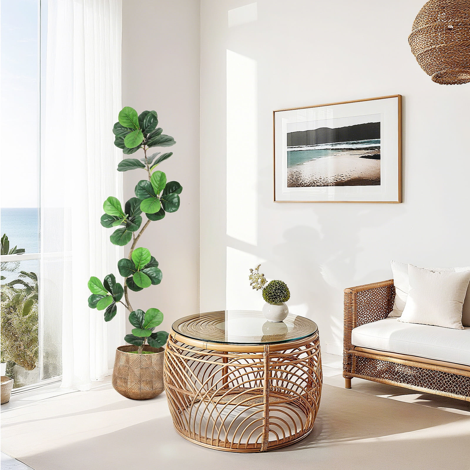 Artificial Fiddle Leaf Fig Tree, Fake Plants with White Planters, Artificial Plants Indoor with Realistic Moss for Home Decor Office Living Room