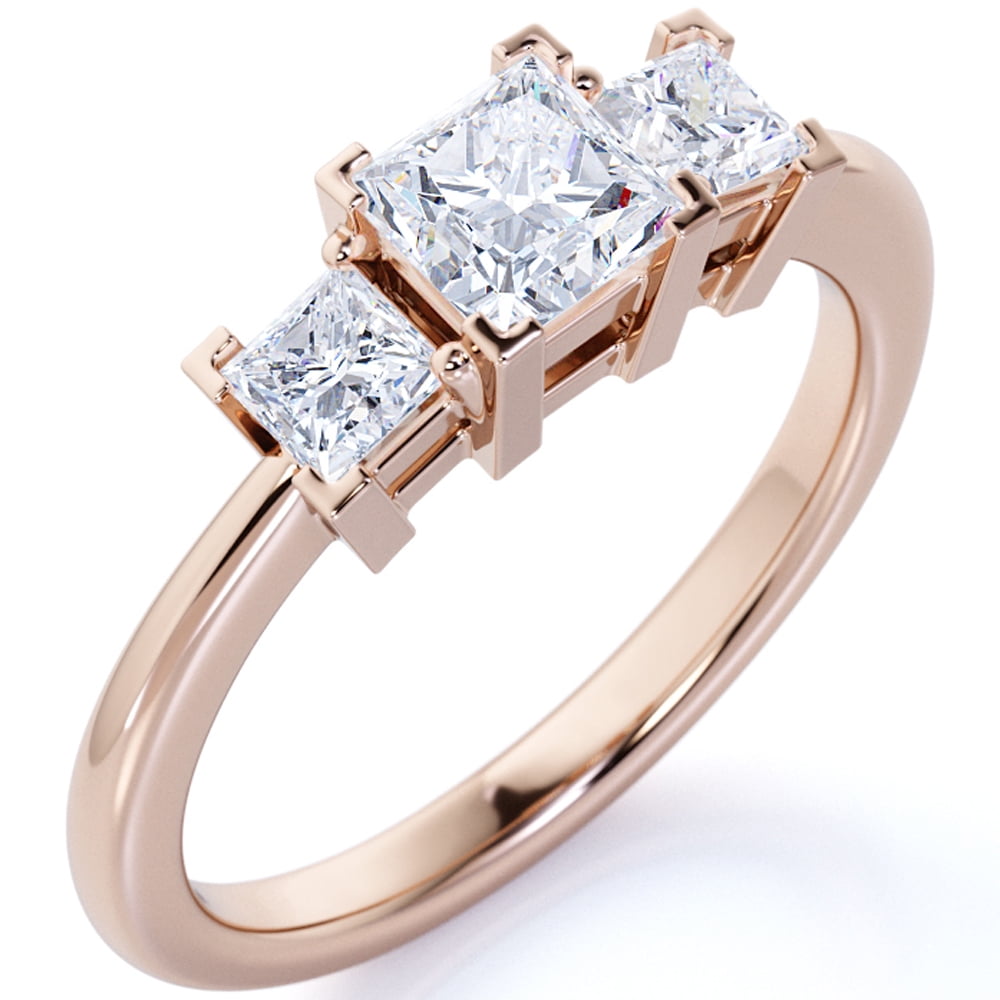 JeenMata Modern 1 Carat Princess Cut Moissanite - 3 Stone Engagement Ring - Past Present Future Ring - 18K Rose Gold over Silver
