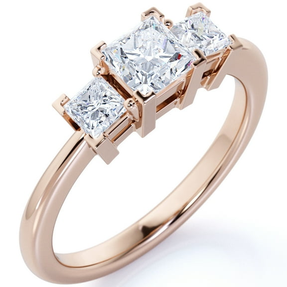 JeenMata Modern 1 Carat Princess Cut Moissanite - 3 Stone Engagement Ring - Past Present Future Ring - 18K Rose Gold over Silver