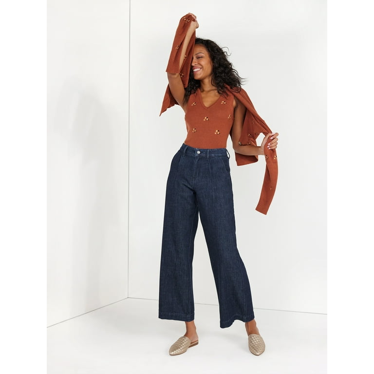 Time and Tru Women's High Rise Wide Leg Trouser Jeans – Regular, Short,  Long Inseams Available
