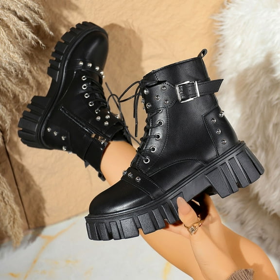Wowcloth Chunky Heel Boots for Women – Metal Lace-Up Platform with Comfortable Thick Sole & Edgy Autumn-Winter Style Versatile Ankle Boots