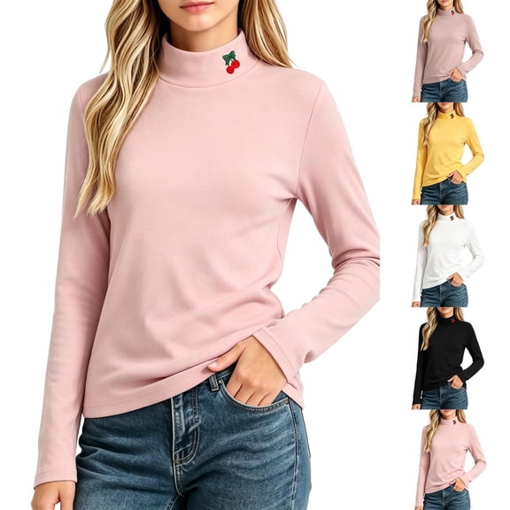 Kids Cherry Embroidery Half Turtleneck Long Sleeve Base Shirt Thick Windproof Stretch Skin-Friendly Kids Thermal Top Dopamine Multi Color Versatile Layering Tee for Autumn Winter