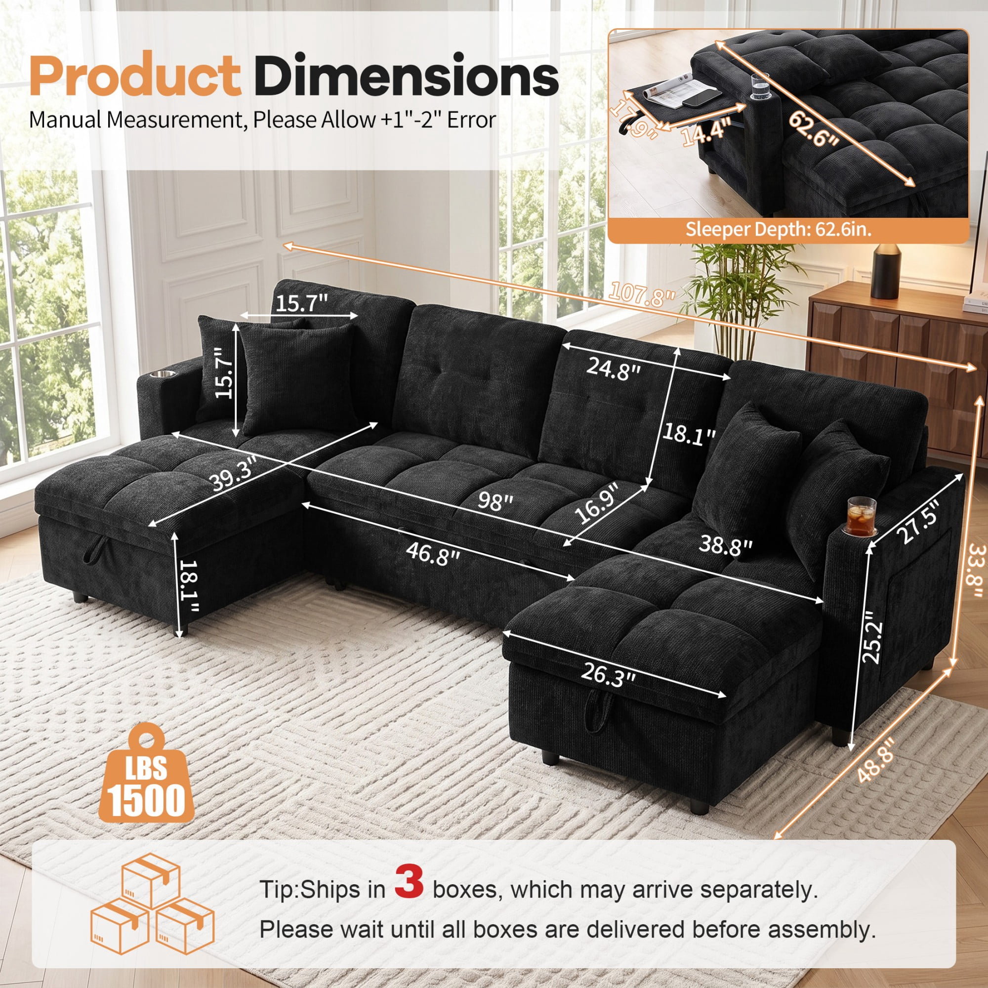 DEALTOPS 108" Chenille U-Shaped Sectional Pull Out Sleeper Sofa Bed with Storage Chaise, USB & Tray Table, Black
