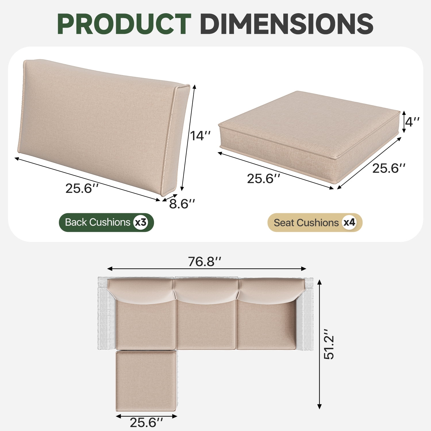 BaPiPro 4-Person Beige Outdoor Sectional Sofa Cushions, Waterproof Polyester Patio Cushions with High-Density Sponge, No Assembly Required, for Backyard, Balcony, Deck, Poolside