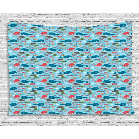 Nautical Tapestry, Nursery Theme Doodle Smiling Sea Creatures as Sea Turtle Dolphin and Whale Print, Wall Hanging for Bedroom Living Room Dorm Decor, 80W X 60L Inches, Multicolor, by Ambesonne