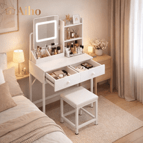 Aiho Makeup Vanity Desk with Mirror and Adjustable Lights, White Vanity with Chair & 2 Drawers & 3 Shelves, Best Gifts for Bedroom, Closet Room, White