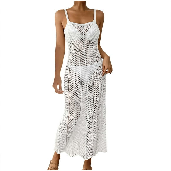 Besolor Paréo de Maillot pour Femmes, Cache-Maillot au Crochet, Cache-Maillot en Tricot Ajouré, Robe Longue de Plage Sans Manches
