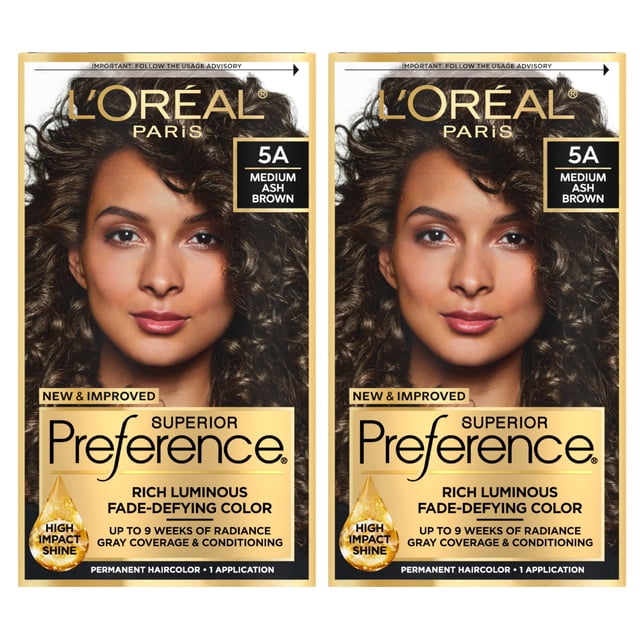 L'Oreal Paris Superior Preference Tinte permanente luminoso que desafía la decoloración para el cabello hasta 9 semanas de brillo marrón ceniza medio 5A 1 kit de tinte para el cabello (paquete de 2)