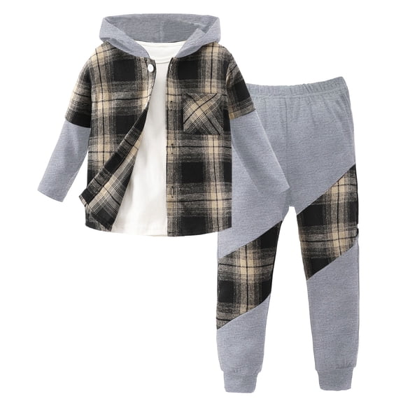 WhouRiu Boys Girls Casual Outfits Plaid Graphic Buttons Hoodies Pants Sets Kids Unisex Fall Clothes