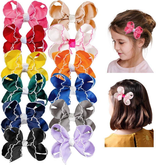 Joybowie 12pcs 3in Small Girls Hair Bows Stitched Edge Ribbon Hair Clips for Toddlers Kids