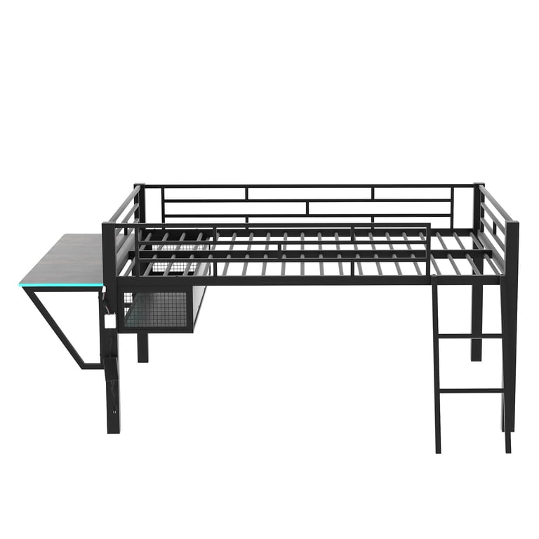 Euroco Full Loft Bed with Desk, LED Light and Storage, Black photo 5