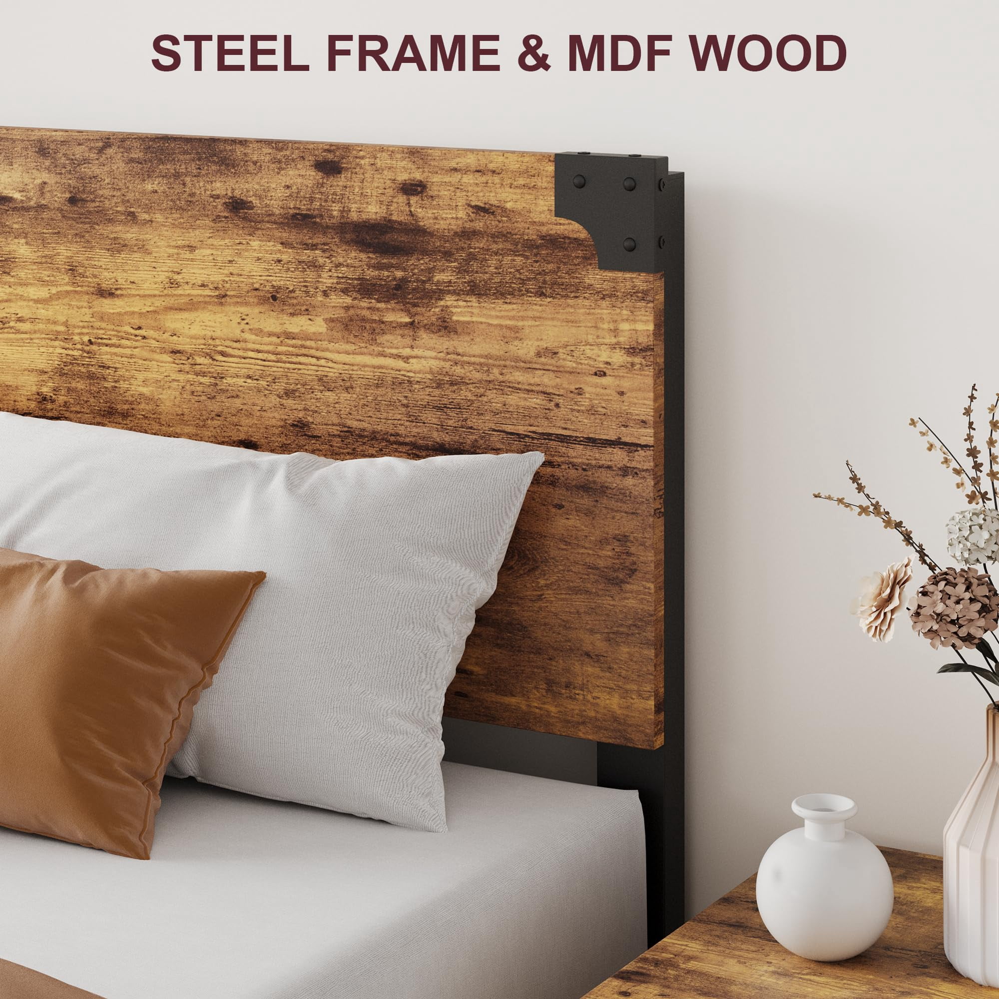 Queen Size Bed Frame with Wood Headboard, King Platform Bed Frame with Under Bed Storage and Metal Legs, Noise Free, No Box Spring Needed, Easy Assembly-Rustic Brown