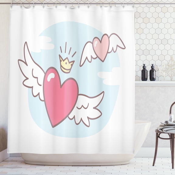 Angel Wings Shower Curtain, Lovers Hearts Flying above Sky Clouds with Crown Big Romance Cartoon, Fabric Bathroom Set with Hooks, 69"WX70"L, Baby Blue Pink White, by Ambesonne