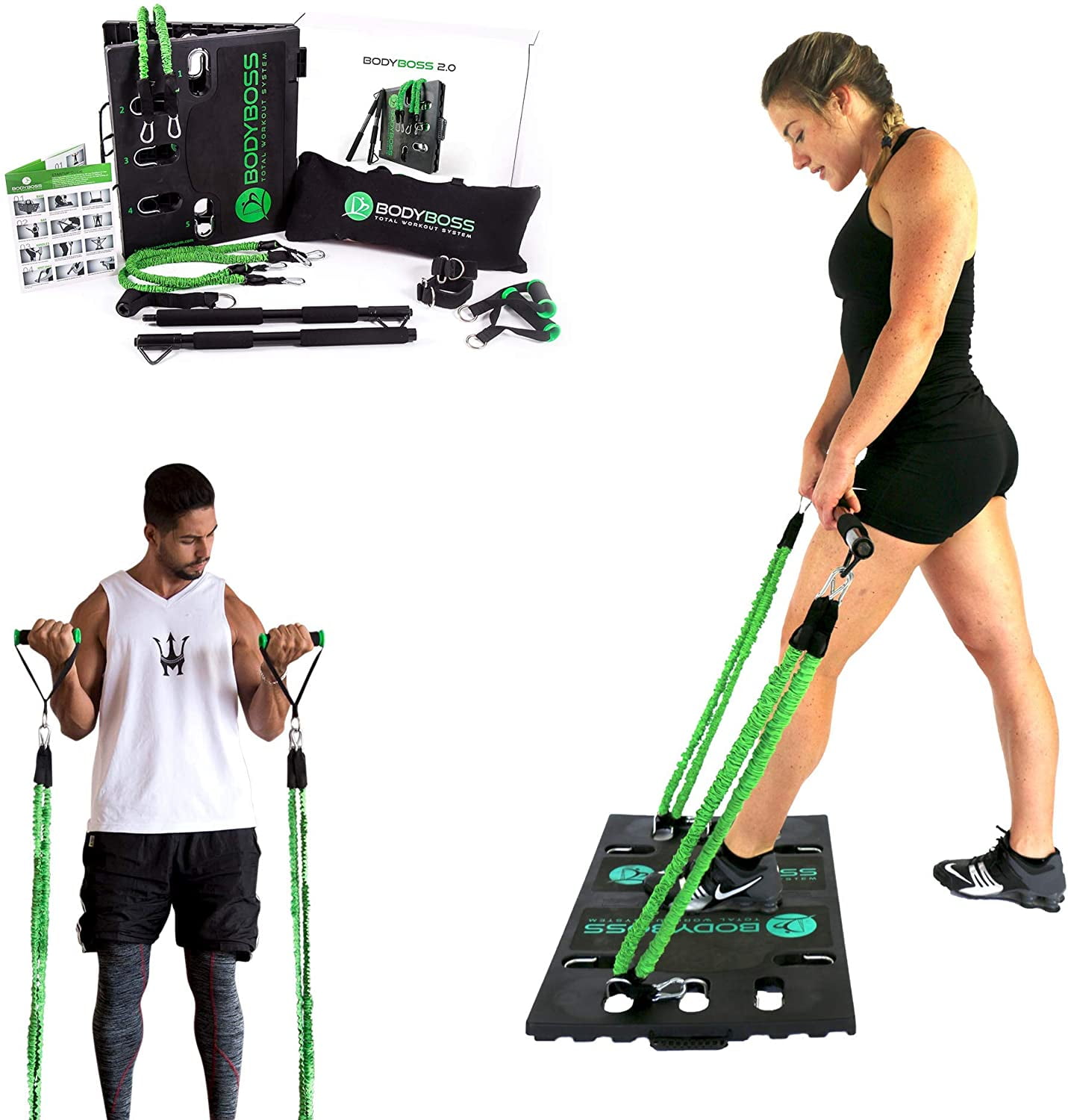 BodyBoss 2.0 Green - Full Portable Home Gym Workout Package + Resistance  Bands - Collapsible Resistance Bar, Handles - Full Body Workouts for Home,  