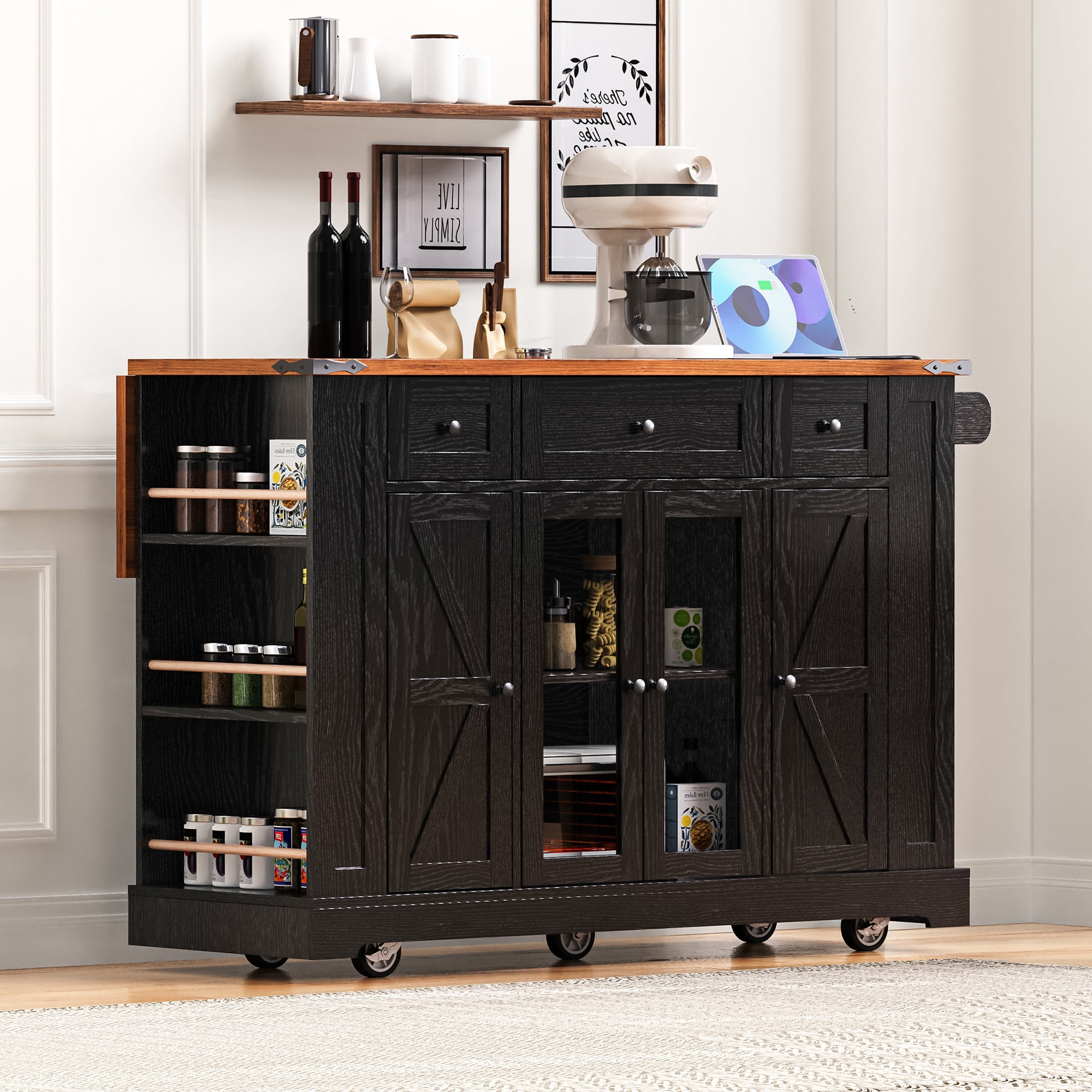 Euroco 53'' Farmhouse Kitchen Island with Two Tempered Glass Cabinet Doors，Rolling Kitchen Cart on Wheels