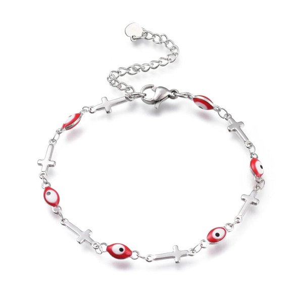 Stainless Steel Bracelet Enamel Lobster Evil Eye Cross Silver Black 7.2" Z190