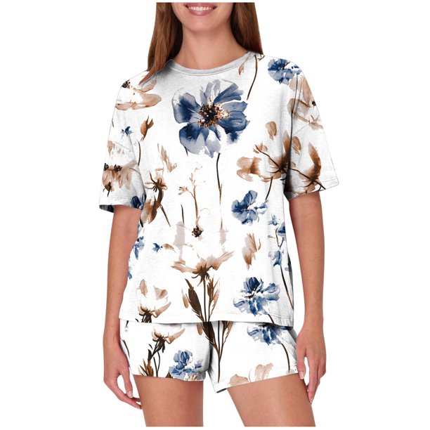 Pijama informal holgado con estampado de cuello redondo y manga corta para mujer, de poliéster