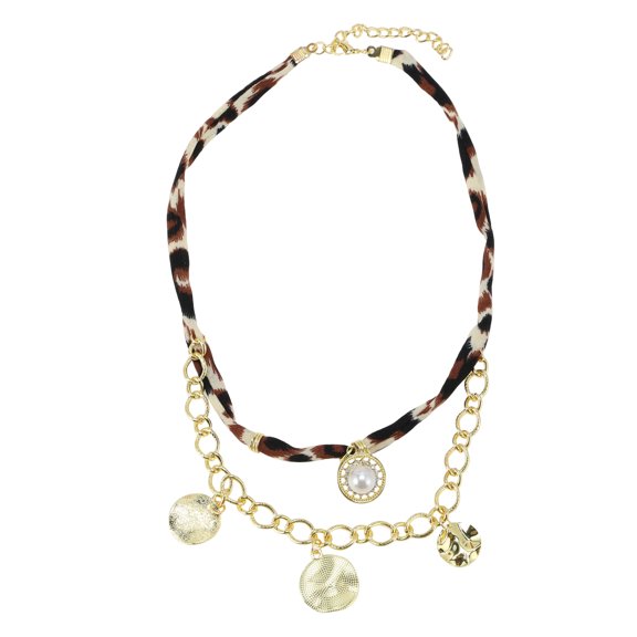 Unique Bargains 1 Pc Fashionable Scarf Necklace with Charm Adjustable Tie Statement Choker for Women Brown White