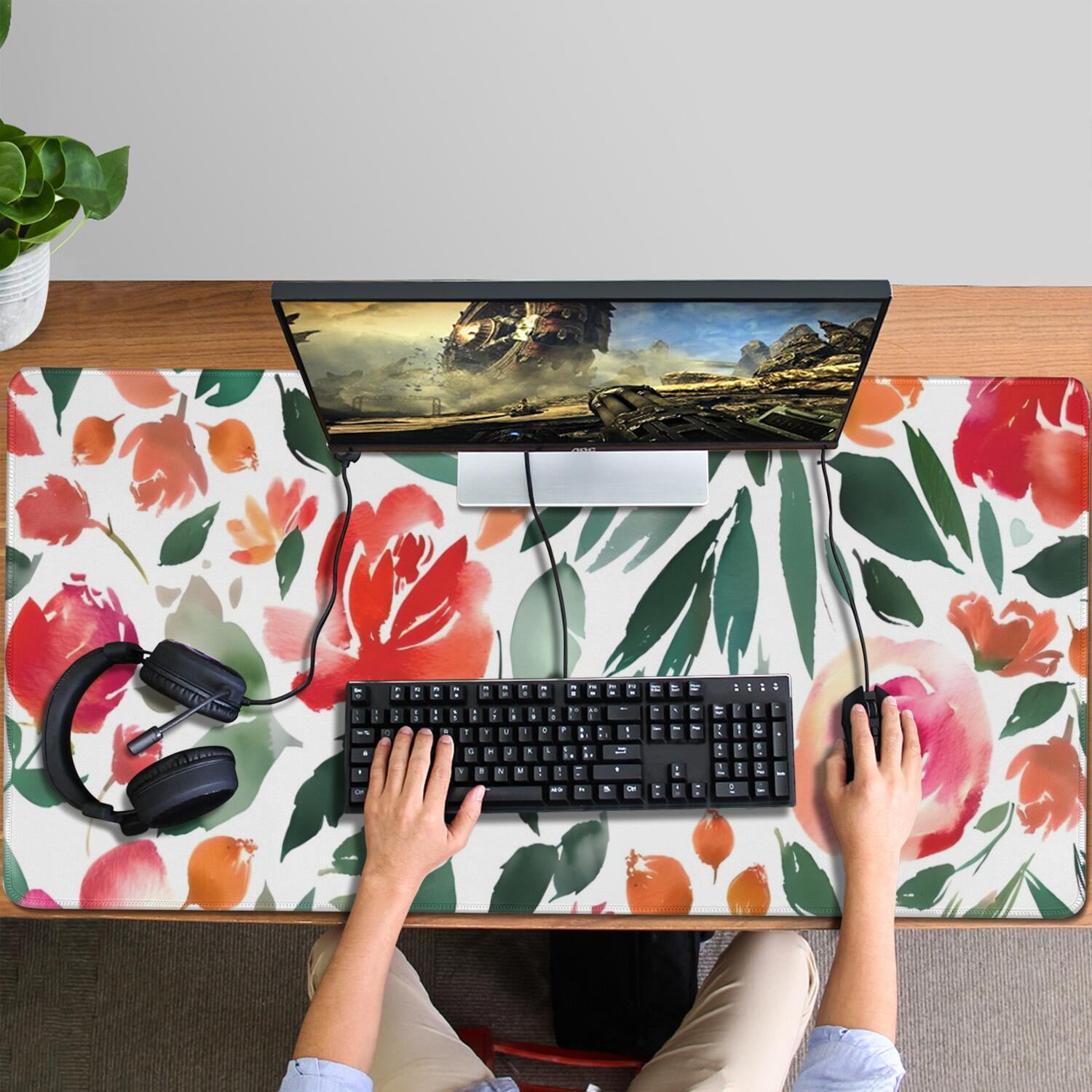 Long Mouse Pads for Desk,Pioneer Flower Floral Print Pattern Desk Mats on Top Of Desks, Desk Mouse Pad Extra Large with 3mm Non-Slip Base and Stitched Edge for Gaming,Office,Work,Home 47.3"x23.6"